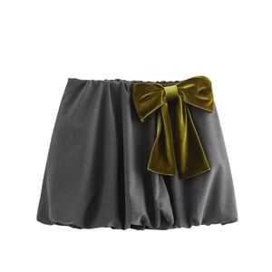 Zara green velvet bow bubble mini skirt